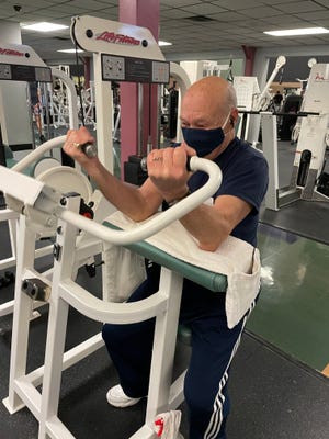 80-year-old Ralph Bianco, a regular at Summit Fitness, exercising. He's been going to gyms for 34 years and Summit Fitness for 11 years. He hopes the new management will do a good job.