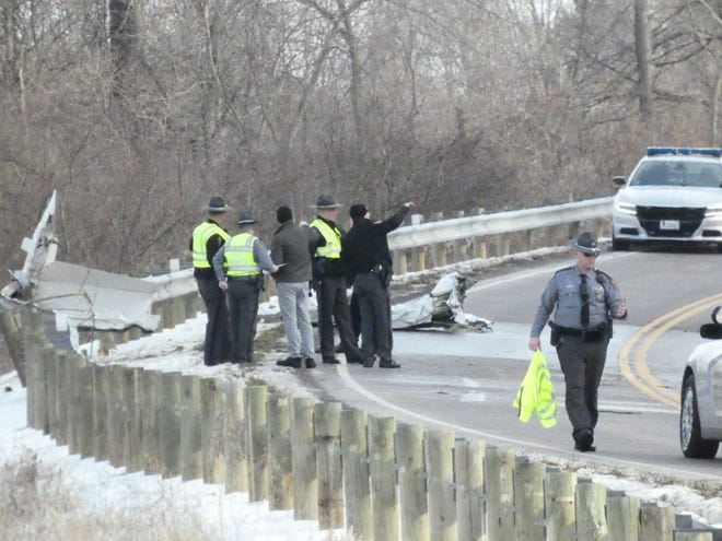 The Ohio Highway Patrol on the scene of a small plane crash Tuesday afternoon on Linnville Road in Heath.