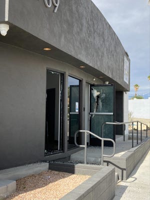 An early morning drive-by shooting at the One Plant marijuana dispensary in Palm Springs left doors and windows damaged on Tuesday, Feb. 1, 2022.
