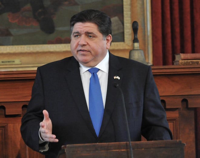 Illinois Gov. JB Pritzker gives the State of the State and budget address Wednesday Feb. 2, 2022. [Thomas J. Turney The State Journal Register]