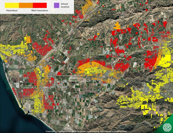 An interactive Ventura County map developed by the Environmental Working Group shows areas classified as hazardous based on the amount and toxicity of pesticides applied to crop fields near homes and schools.