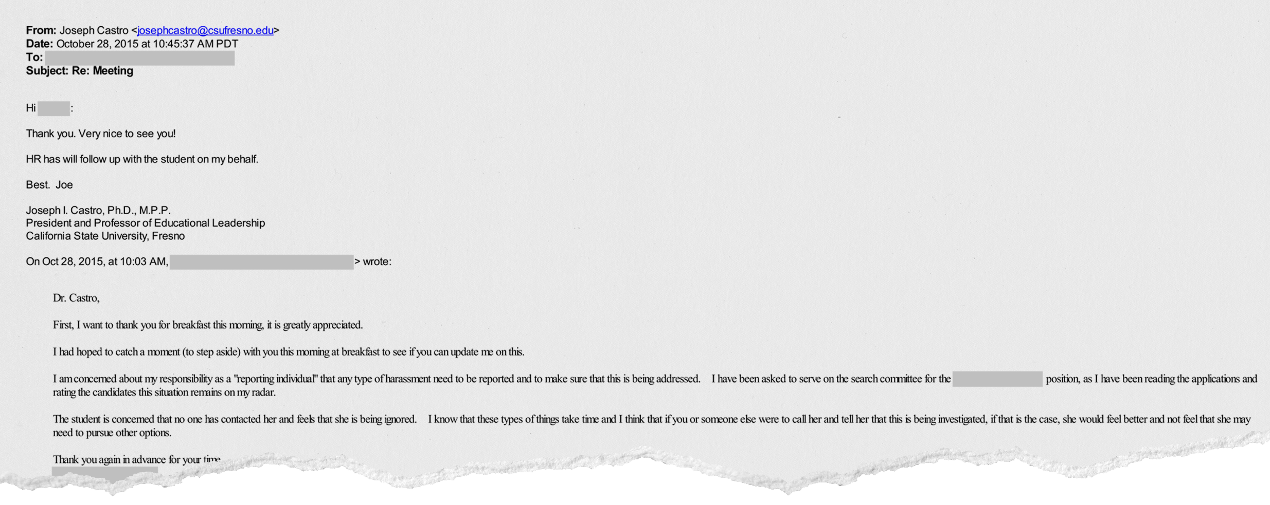 Joseph Castro acknowledges a complaint about the conference-room incident involving Frank Lamas and Jennifer Cushing in this Oct. 28, 2015, email obtained by USA TODAY.