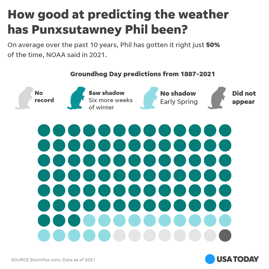 According to legend, if it's sunny and Phil sees his shadow, the scared groundhog returns to his burrow and the USA will endure six more weeks of winter.