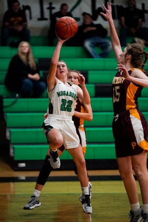 Mogadore Brook McIntyre vicously attacks the basket all night against Southeast at Mogadore High School on February 2, 2022.