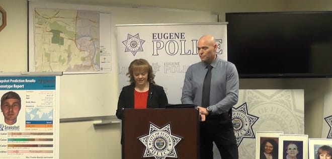 Detective Jennifer Curry, left, discusses in a press conference in 2018 DNA technology being used to identify a suspect in a cold case from the 1980s that involved three women being murdered.