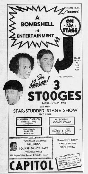 A newspaper ad for the Three Stooges' 1950 show at the Capitol Theatre in Binghamton.