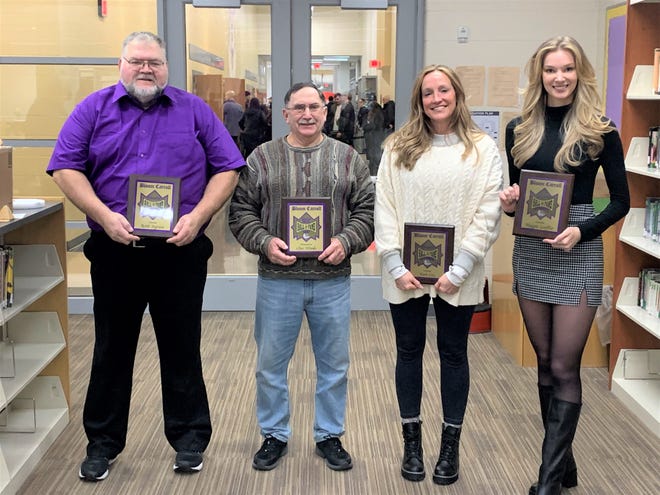 Bloom-Carroll High School inducted five new members into its Athletic Hall of Fame. They are, from left to right: Robb Ingram (Hall of Fame), Choc Woods (Service Award), Tami Cox (Ireland) (Hall of Fame) and Maggie Loeffler (Hall of Fame). John Bass (Hall of Fame), was absent from photo.