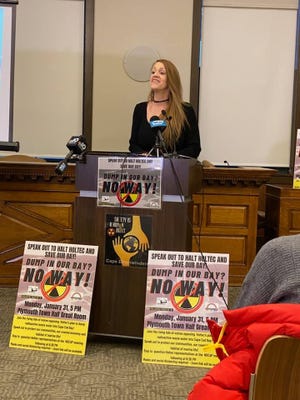 Herring Pond Wampanoag Tribe Chairperson Melissa Ferretti spoke during the Stop Holtec rally at Plymouth Town Hall Jan. 31