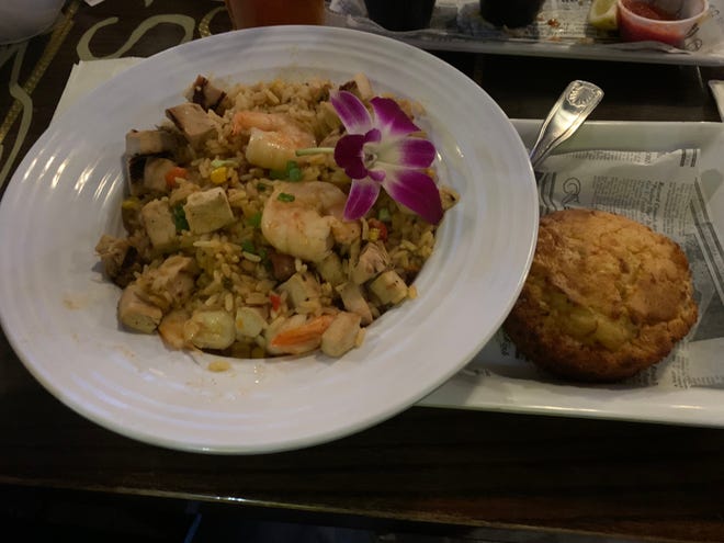 Jambalaya at 2nd Street Bistro had lots of perfectly cooked jumbo shrimp, chicken and andouille sausage were coated in just-hot-enough Cajun spices over rice with a hunk of sweet cornbread on the side.