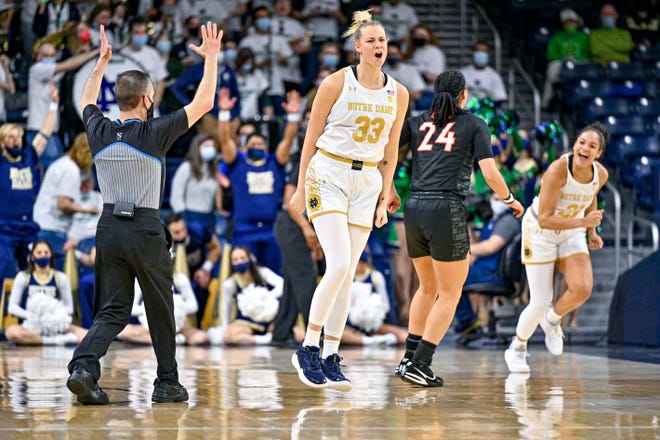 Feb 3, 2022; South Bend, Indiana, USA; Notre Dame Fighting Irish forward Sam Brunelle (33) reacts after a three point basket in the first half against the Virginia Tech Hokies at the Purcell Pavilion. Mandatory Credit: Matt Cashore-USA TODAY Sports