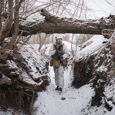February 5, 2022:  A Ukrainian serviceman patrols 