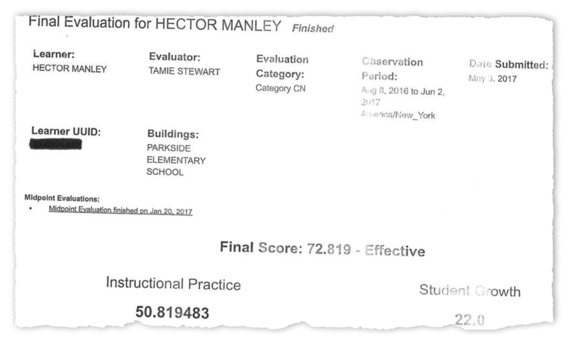 Hector Manley was rated "effective" on his 2017 teacher evaluation at Parkside Elementary School