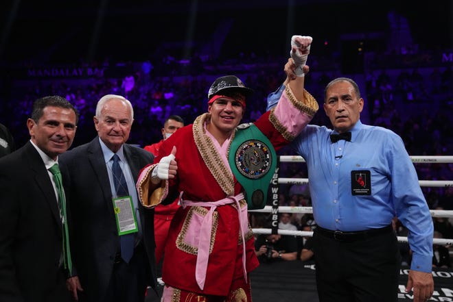 LAS VEGAS, NEVADA - FEBRUARY 05: Jesus Ramos celebrates after winning a super welterweight bout against Vladimir Hernandez at Michelob ULTRA Arena on February 05, 2022 in Las Vegas, Nevada.  Ramos won by sixth-round TKO.  (Photo by Joe Buglewicz/Getty Images)