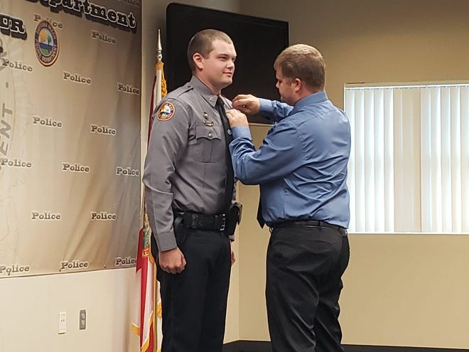 In this 2019 photo, Jason Raynor is sworn in as a Daytona Beach police officer. Raynor was shot while on duty in June 2021. He succumbed to his injuries 55 days later.