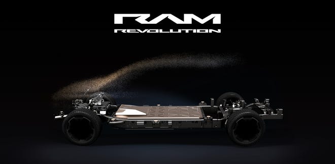 The vehicle teased in the Ram Revolution campaign is expected to be based on the Auburn Hills-designed STLA Frame platform, which the company has said will provide 500-mile range with 159 to more than 200 kilowatt-hours of energy. .