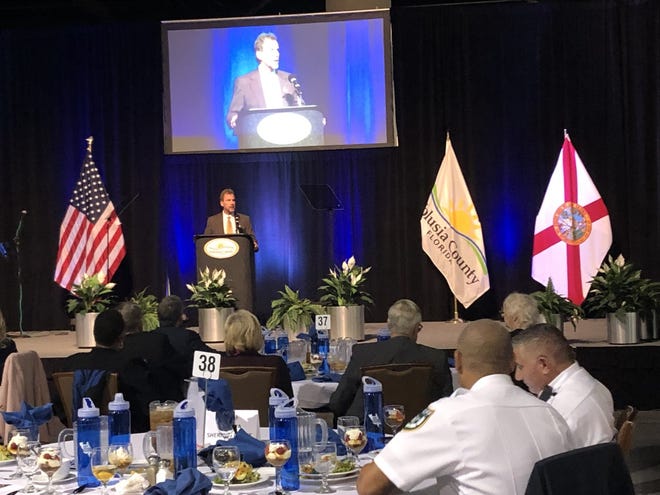 Volusia County Chair Jeff Brower delivers the State of the County address Monday at the Ocean Center in Daytona Beach.