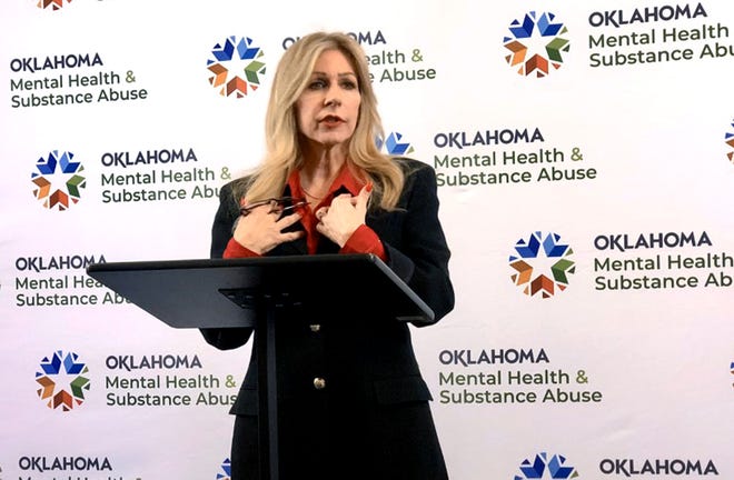Carrie Slatton-Hodges, commissioner of the Oklahoma Mental Health and Substance Abuse Services Department, speaks Feb. 8 at a news conference focusing on policy recommendations from the 2021 Oklahoma Academy Town Hall.