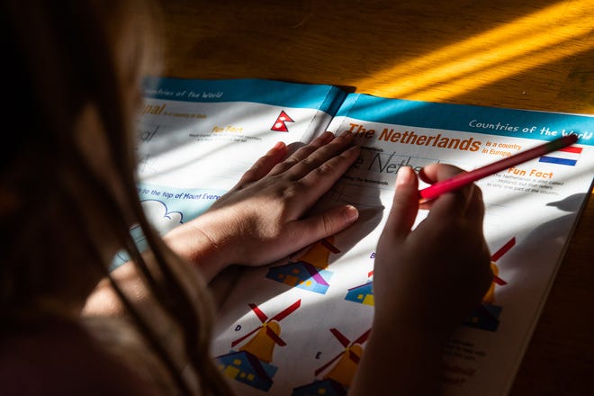 Aleksa Reichle, 5, learns about the Netherlands during a homeschool lesson at their home in Walden, NY on Tuesday, February 8, 2022.