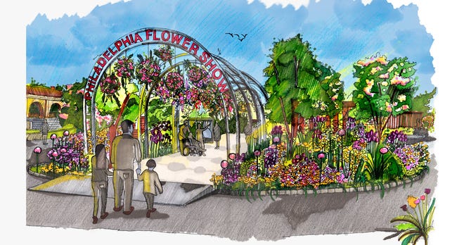 Entrance design for the upcoming 2022 Philadelphia Flower Show held annually by the Pennsylvania Horticultural Society. This year's show in June will be held outdoors again due to continuing COVID-19 virus pandemic concerns.