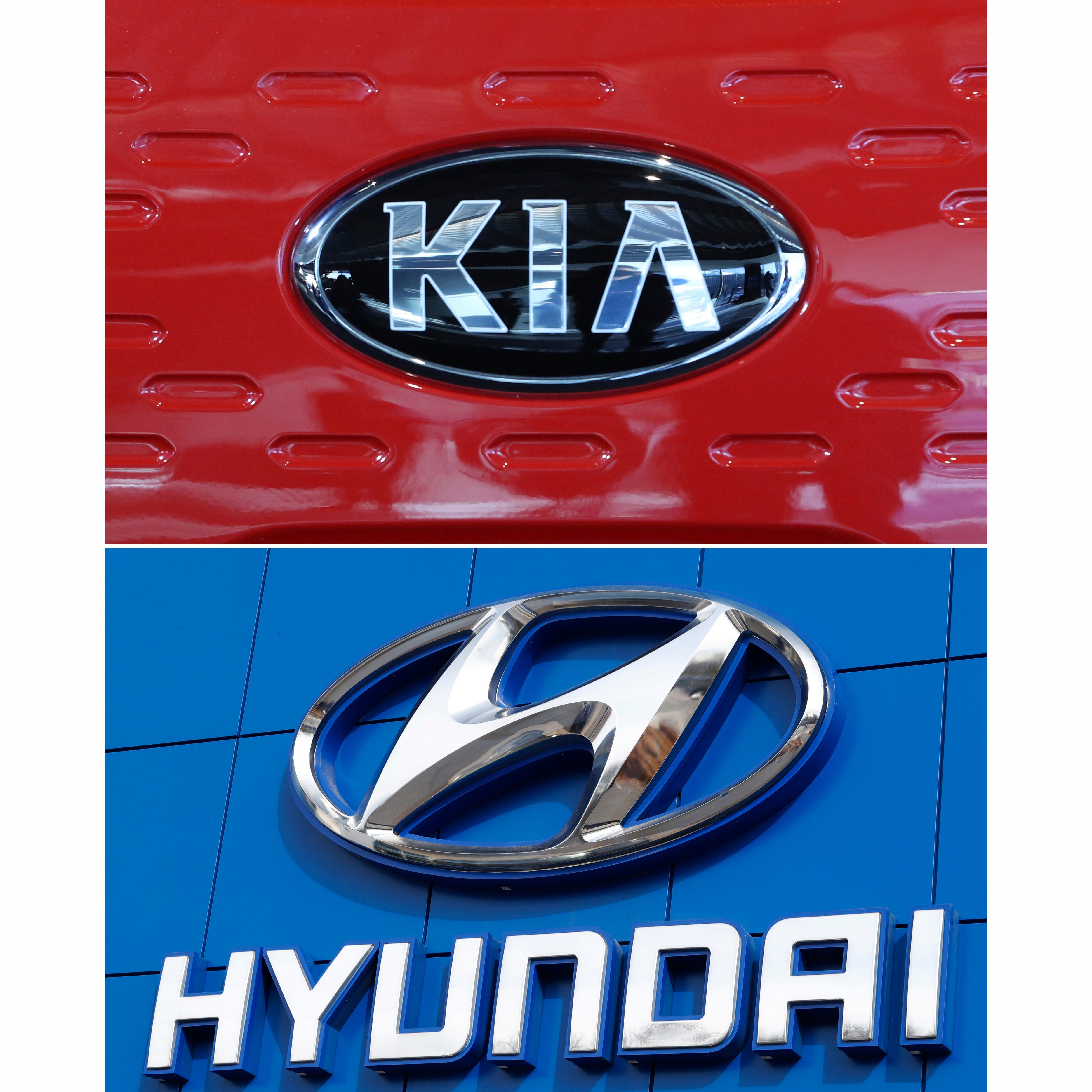 This combination of file photos shows the logo of Kia Motors Dec. 13, 2017, in Seoul, South Korea, top, and Hyundai logo April 15, 2018, in the south Denver suburb of Littleton, Colo., bottom. Hyundai and Kia are telling the owners of nearly 485,000 vehicles in the U.S., Tuesday, Feb. 8, 2022, to park them outdoors because they can catch fire. (AP Photo, File)