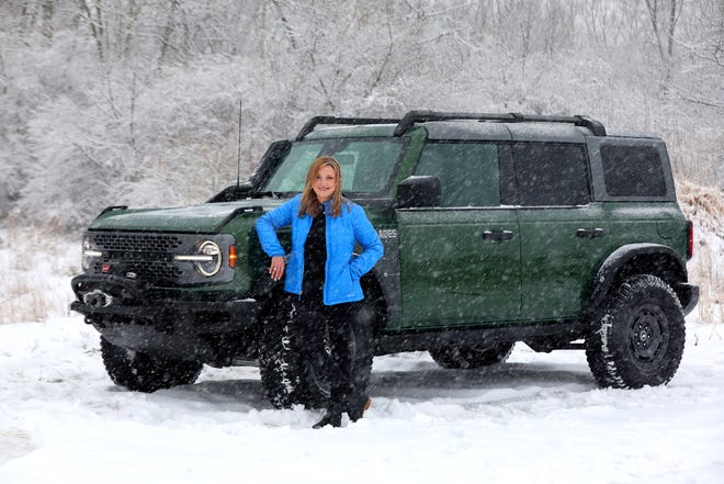 Jolanta Coffey, the Ford Bronco Chief Program Engineer with the 2022 Ford Bronco Everglades in Fenton on Feb. 2, 2022. This version of the Bronco will be revealed at the upcoming Chicago Auto Show.