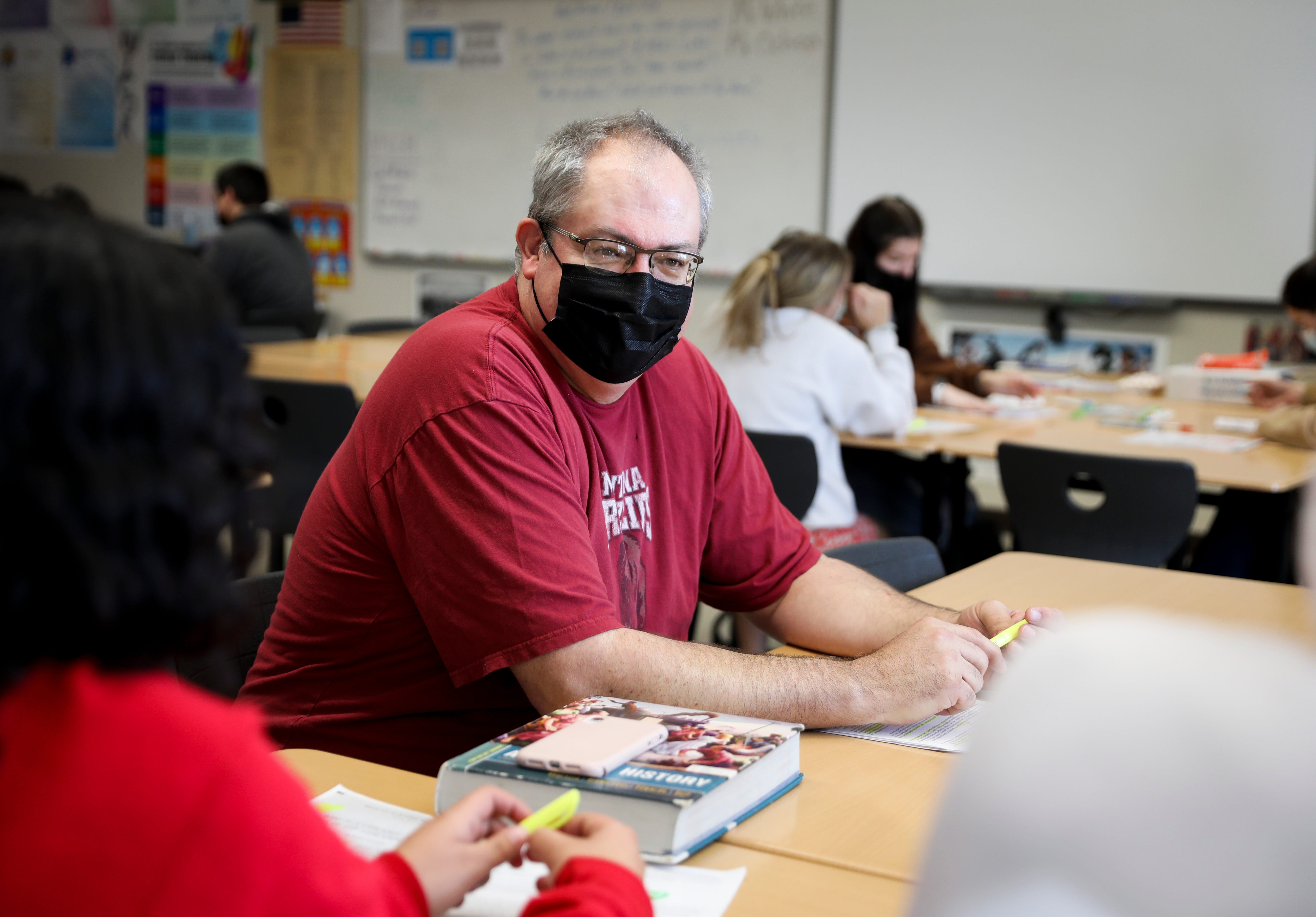 AP U.S. history teacher Frank White discusses race and identity with his students Jan. 27 at Central High School in Independence, Ore.