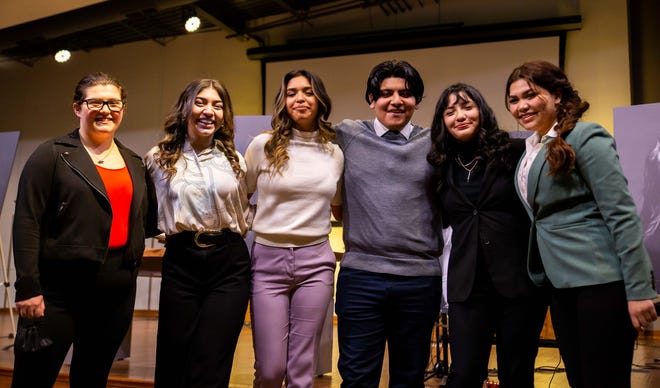 From left to right: Jaelin Holtsclaw, Jaquelin Romero, Dulce Salazar, Luis Vasquez, Jaquelin Barajas and Jamila Qurban Ali pose for a photo as nominees for the Boys and Girls Club of Greater Holland's Youth of the Year Tuesday, Feb. 8, 2022, at Fellowship Reformed Church in Holland. 