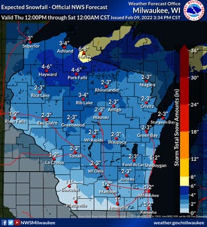 Snow is forecast across Wisconsin on Thursday into early Friday. The most snow, possibly as much as 8 inches, is forecast to fall along Lake Superior in far northern Wisconsin.
