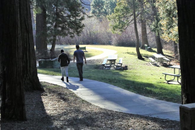 Taking a stroll in the Mount Shasta City Park.