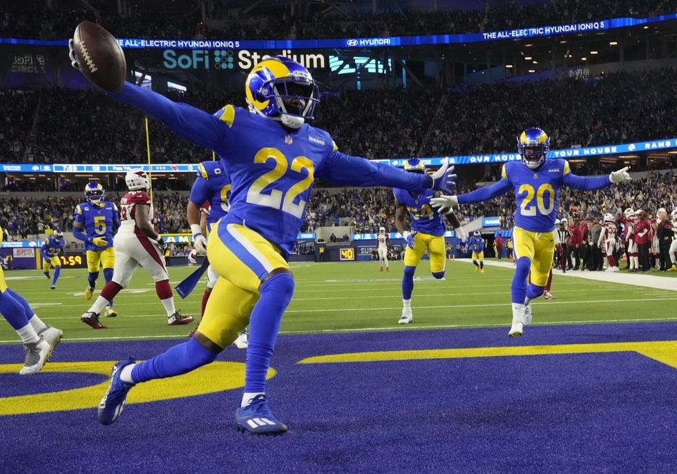Los Angeles Rams defensive back David Long celebrates after intercepting Arizona Cardinals quarterback Kyler Murray for a touchdown during the second quarter of the NFC Wild Card playoff game on Jan 17, 2022.