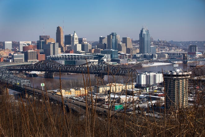 The Cincinnati skyline from Drees Pavilion in Devou Park in Covington, Monday, Feb. 7, 2022.