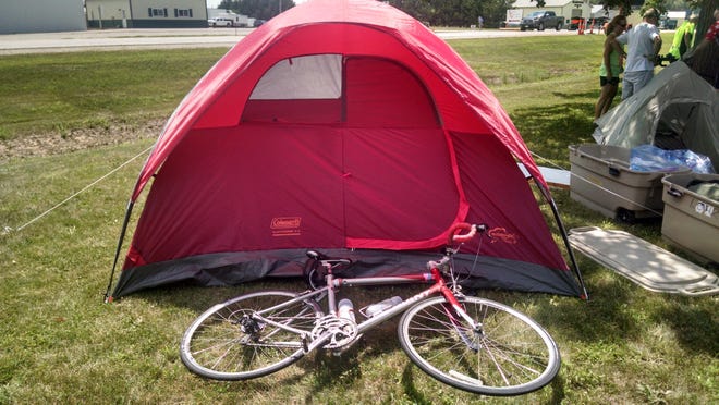 Cheap tents are fine on RAGBRAI. I upgraded to a Coleman tent in 2018, as seen in Onawa, that year's starting town.