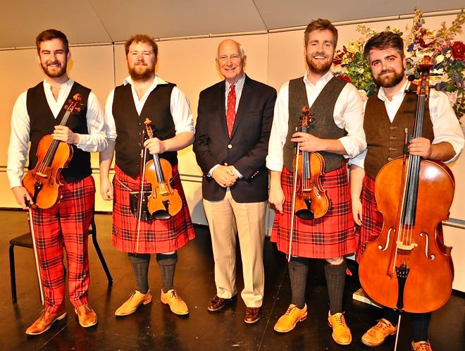 Palm Springs Concerts President Chris Seidel (center) poses with Maxwell Quartet musicians Elliot Perks, Colin Scobie, George Smith and Duncan Strachan before the Quartet’s 2020 concert.