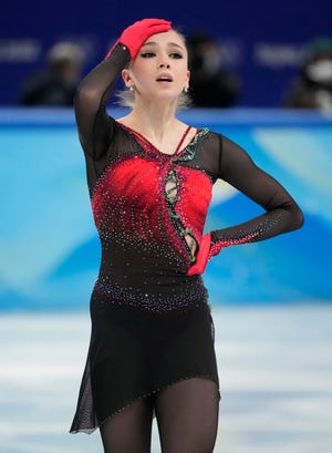 Kamila Valieva performs during the women's free skating portion of the team figure skating event during the 2022 Beijing Olympics.