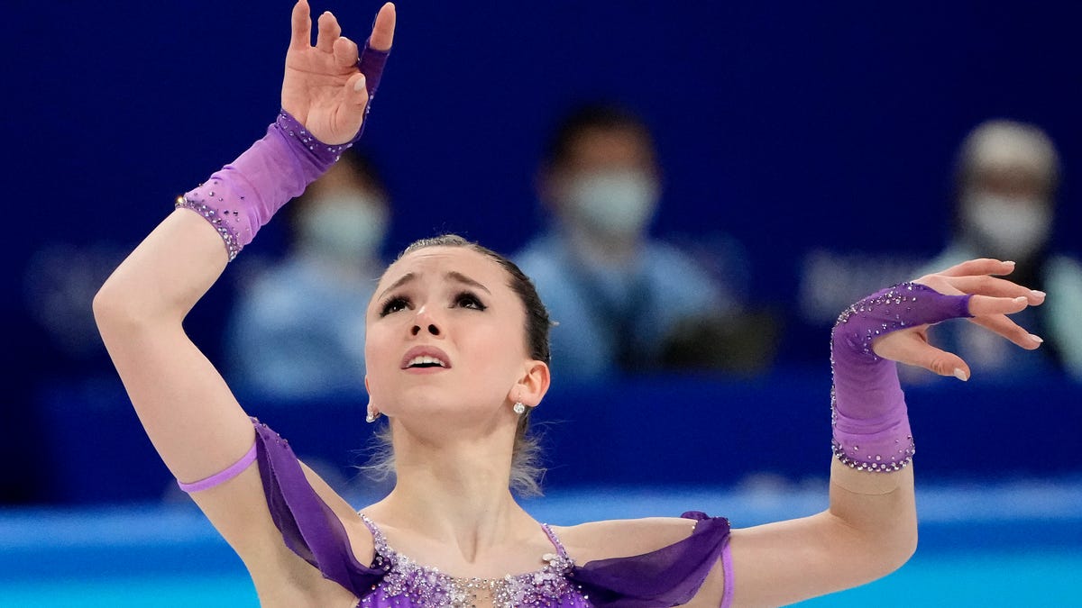 Kamila Valieva of Russia skates in the women's short program during the 2022 Beijing Olympics.