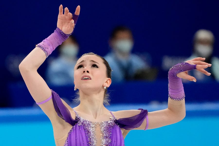 Kamila Valieva of Russia skates in the women's short program during the 2022 Beijing Olympics.