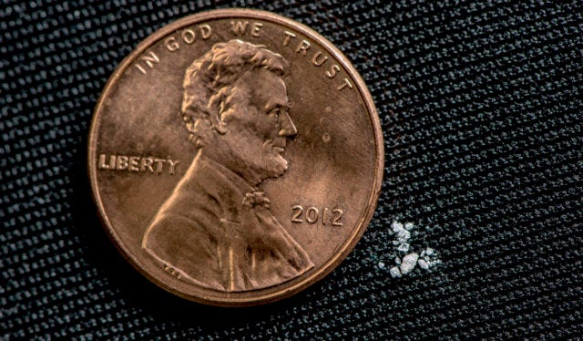 Two milligrams of fentanyl, the amount listed here, is a lethal dose for most people.