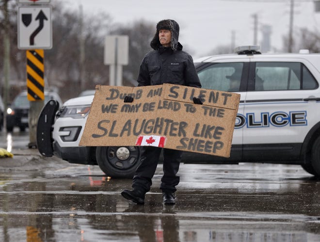Anti-mandate protest on Huron Church Road in Windsor, ON, on Friday, Feb. 11, 2022.