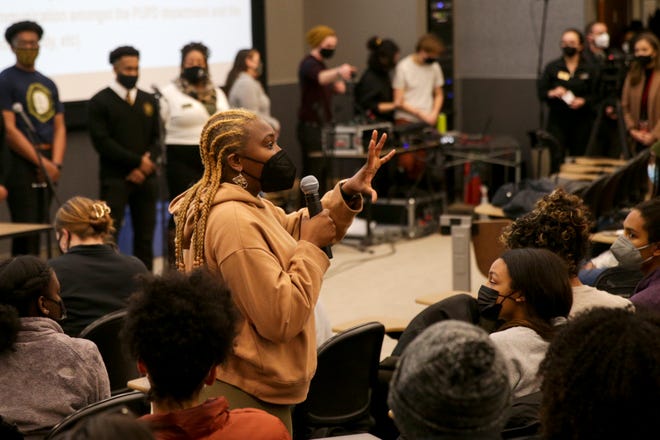 Thando Dube speaks during a town hall hosted by the Purdue University Black Student Union, Thursday, Feb. 10, 2022 in West Lafayette.