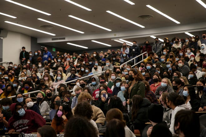A student speaks during a town hall hosted by the Purdue University Black Student Union, Thursday, Feb. 10, 2022 in West Lafayette.