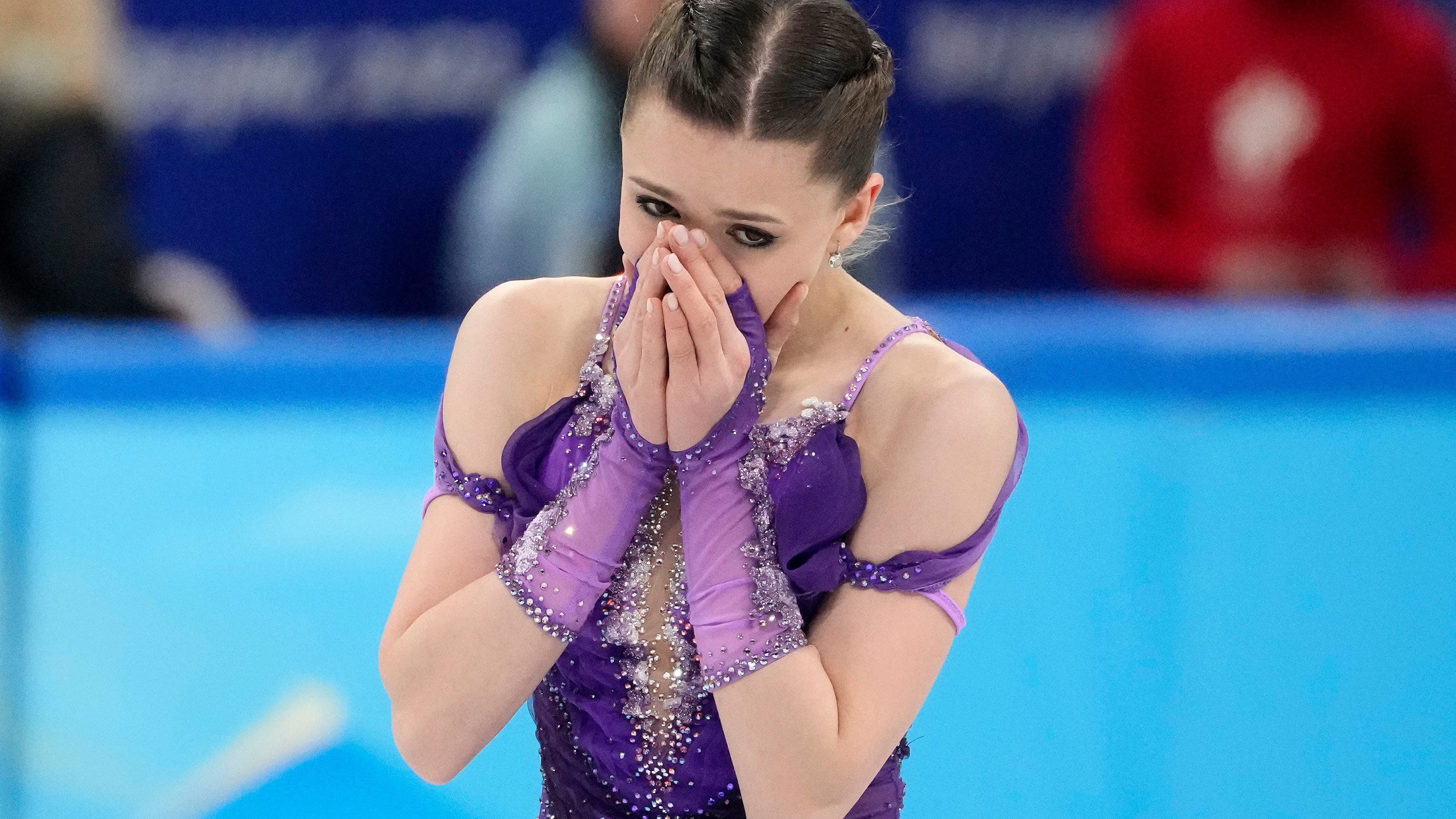 Kamila Valieva of Russia reacts after skating in the team competition during the 2022 Beijing Olympics.