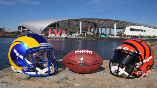 Los Angeles Rams and Cincinnati Bengals helmets ar