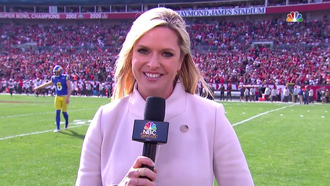NBC Reporter Kathryn Tappen, in her first Super Bowl game assignment, serves as a sideline reporter. Previously, she served has worked on NBC Sports’ pregame coverage at Super Bowl LII and Super Bowl XLIX.