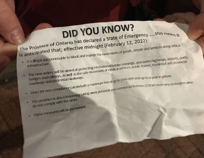 Authorities in Windsor began handing these notices to protestors around 8 p.m. on Friday.