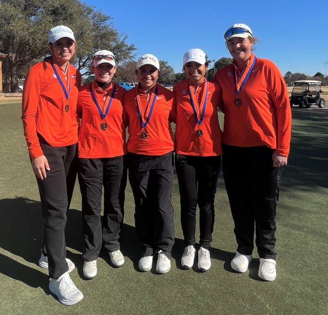 San Angelo Central High School finished third and beat out two District 2-6A opponents at the San Angelo ISD Girls Golf Classic at Bentwood Country Club on Saturday, Feb. 12, 2022. From left to right are: Savannah Beaty, Ryann Honea, Emily Coronado, Micaela Falcon and Abby Wetz. Honea won the medalist title.
