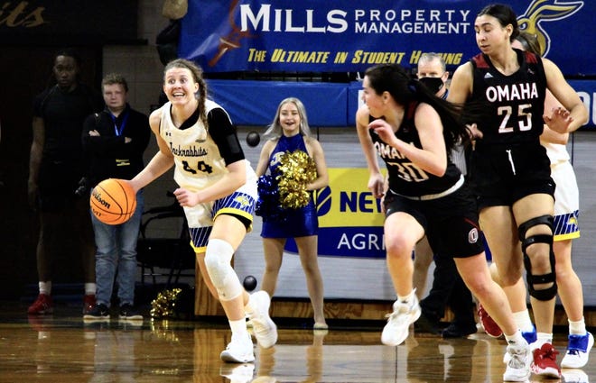 Myah Selland looks for a teammate during Saturday's win over Omaha at Frost Arena. South Dakota State won 77-62.