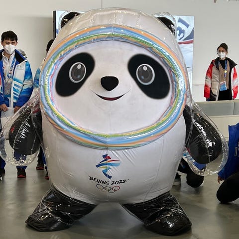 Winter Olympics mascot Bing Dwen Dwen poses for pi
