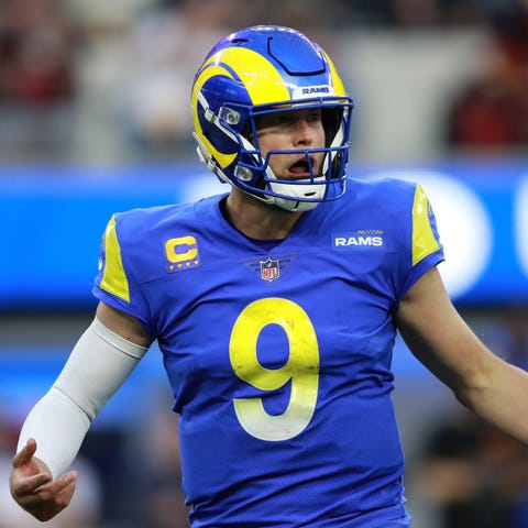 Matthew Stafford #9 of the Los Angeles Rams reacts