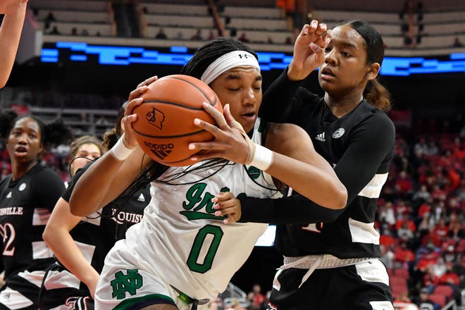 Notre Dame forward Maya Dodson (0) tries to get away through the defense of Louisville guard Kianna Smith, right, during the first half of an NCAA college basketball game in Louisville, Ky., Sunday, Feb. 13, 2022. (AP Photo/Timothy D. Easley)