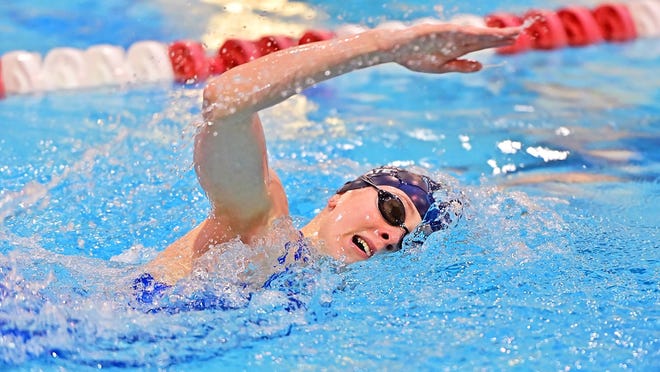Liberty Common's Elsa Fullerton competes at the 3A girls swimming state championship meet at the Veterans Memorial Aquatic Center in Thornton on Saturday, Feb. 12, 2022.